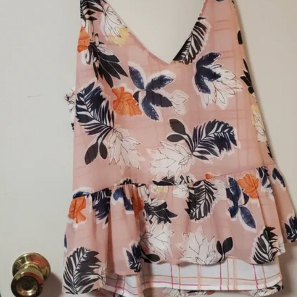 Plus size pink floral and plaid peplum tank